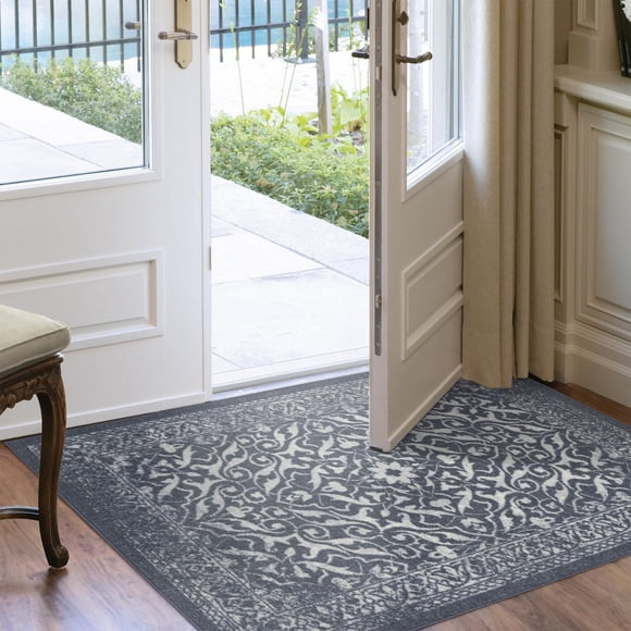 Mainstays Bethley Washable Accent Rug 3' x 4', Non-Slip Low Profile Persian Medallion, Blue/Off-White, Kitchen Entryway Hallway Laundry Room