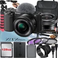 thumbnail image 1 of Sony Alpha ZV-E10 Mirrorless Vlog Camera With 16-50mm Lens + 128GB Memory Card + Filter Kit + Tripod + Case + ZeeTech Accessory Bundle (Black), 1 of 2