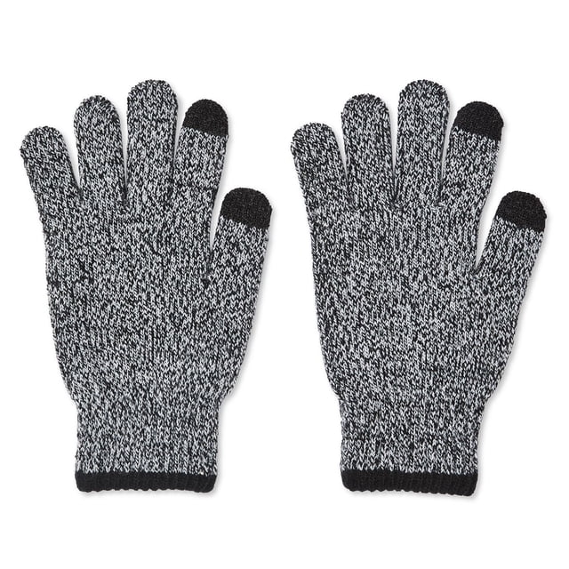 George Gants Marbrés pour Hommes en Tricot Noir et Blanc avec Motif Marbré, avec Bouts des Doigts Noirs Compatibles Écran Tactile et Poignets Côtelés pour la Chaleur, Montrés Plats avec Paumes Orientées vers le Haut sur Fond Blanc, Convenant au Temps Froid et aux Tenues Décontractées.
