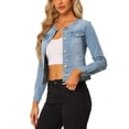 thumbnail image 4 of INSPIRE CHIC Women's Button Down Collarless Long Sleeve Cropped Denim Jacket S Light Blue, 4 of 7