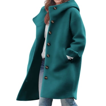 Women's Casual Wool Blend Hooded Coat with Button Front and Long Sleeves, Warm Outerwear with Pockets for Fall and Winter Seasons