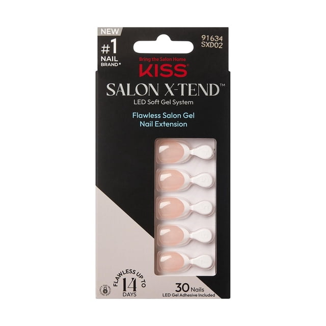 KISS Salon X-tend LED Soft Gel System Decorated Nails, Nonsense, Short Almond, 30 count showing pre-sculpted short almond-shaped gel nail extensions in clear tray inside black and beige packaging, featuring LED gel adhesive for up to 14 days of salon-quality nail extension wear, suitable for at-home DIY nail care.