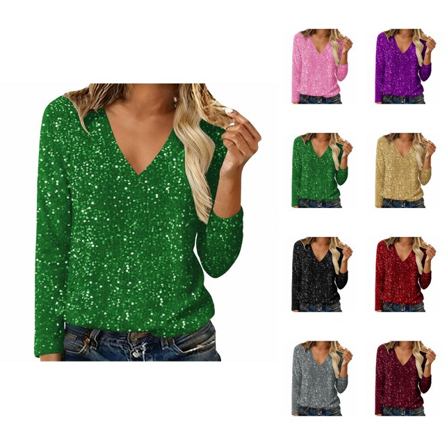 Hauts Scintillants pour Femmes 2026 Printemps à la Mode Manches Longues Col en V T-Shirt Décontracté à Paillettes Haut de Sortie Tenues de Rave