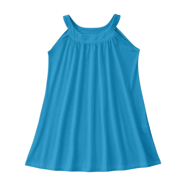WEIYLL Robe de Plage pour Fille, Cache-Maillot Sans Manches, Débardeur Mince, Couleur Unie, Volants, Robe Bleu Ciel pour 9-10 Ans. la Robe Présente un Encolure Licou, Détails Froncés, et un Tissu Léger et Respirant Fait de 95 % polyester et 5 % Élasthanne. Convient aux Tenues de Plage, aux Cache-Maillots de Piscine Ou aux Sorties Estivales Décontractées. la Robe Est au-Dessus du Genou et Sèche Rapidement, la Rendant Idéale pour les Journées Chaudes et Ensoleillées.