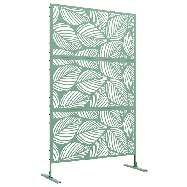 Outsunny Paravent Métallique avec Vis d'Expansion, Doté d'Un Cadre en Acier Vert Pâle avec un motif de Feuille Moderne. l'Écran Se Compose de Trois Panneaux Verticaux, Chacun Mesurant 47,2 Pouces par 23,6 Pouces, et Se Tient à 78 Pouces de Hauteur. Conçu pour l'Extérieur, Il Comprend des Pieds Larges et Quatre Vis d'Expansion pour Montage au Sol. Convient comme Séparateur Décoratif Ou Treillis pour Plantes Grimpantes.