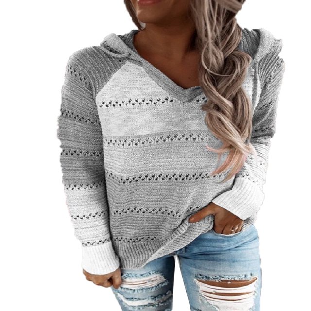 Women‘s Hooded Sweater Rib Knitted Long Sleeve Loose Fitting Pullover with Hood