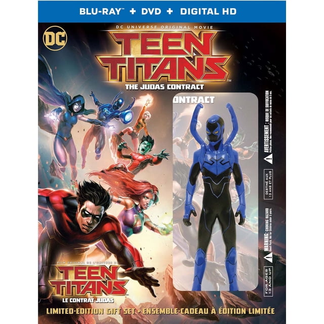 CU : Teen Titans : The Judas Contract (Blu-ray + DVD + HD Numérique) Coffret-Cadeau Édition Limitée Présentant des Personnages Teen Titans Animés en poses d'Action sur la Couverture, aux Côté d'Une Figurine de Collection Bleu et Noir d'Un Personnage avec Quatre Bras Mécaniques, sur Fond Dramatique.