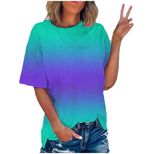 Timegard Hauts Grande Taille pour Femmes Couleur Dégradée Manches Courtes Col Rond T-Shirts Tunique Décontractée Tendance Blouses