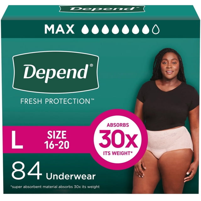 Depend Culottes pour Femmes à Absorption Maximale Grande, 84 Unités. l'Emballage Met en Valeur des Caractéristiques comme une Absorption Maximale, une Gamme de Tailles de 16 à 20, et un Noyau super Absorbant Qui Absorbe 30 Fois Son Poids. le Produit Est Présenté dans une Couleur Beige Neutre au design Féminin, Offrant une Coupe Près du Corps avec Ceinture SureFit et Élastiques pour les Jambes pour la protection contre les Fuites. la Boîte Est Turquoise avec accents Roses et Blancs, Mettant en Vedette un Modèle Portant le Produit.