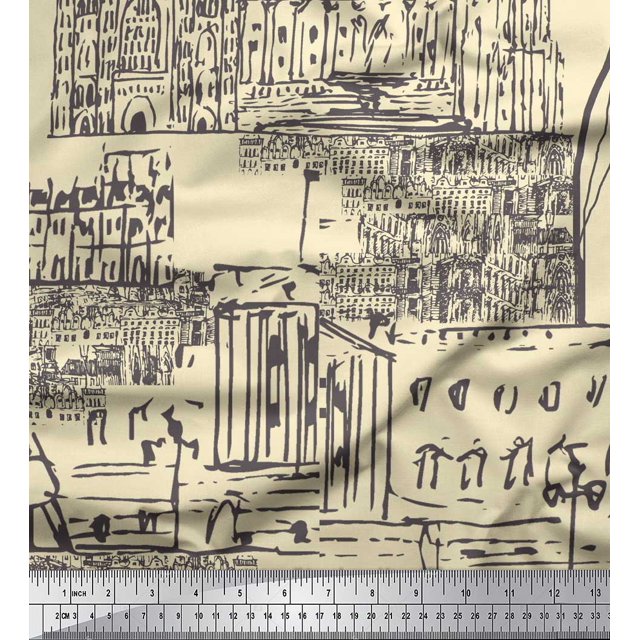 Soimoi White polyester Crepe Fabric London Theme Architectural Fabric Prints By Yard 42 Inch Wide