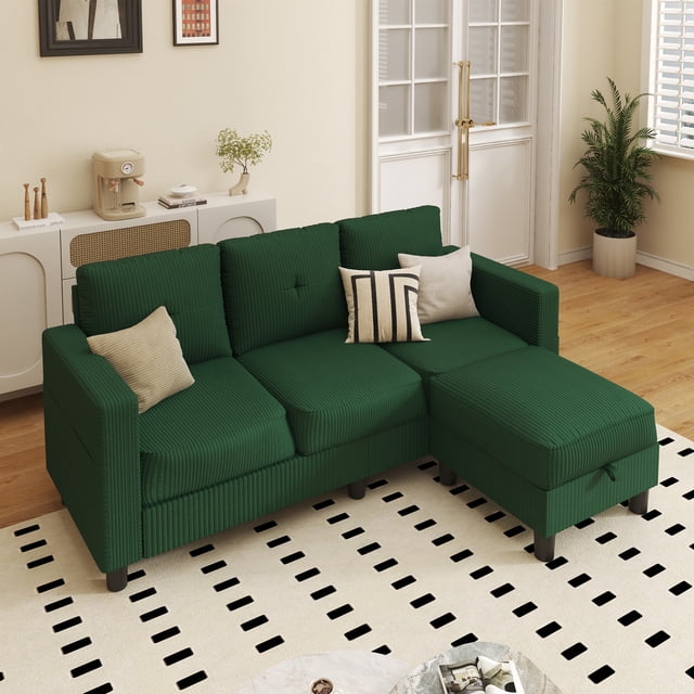 Walsunny 78" Convertible Sectional Sofa Couch L Shaped Couch Sofa for Living Room Small 3 Seater Sofa Couch with Storage Ottoman and Side Pockets(Green)