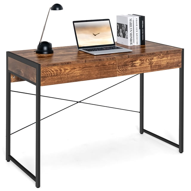 Costway Computer Desk Metal Frame Study Table Home Office Workstation with 2 drawers in rustic brown finish. Made of engineered wood and supported by a sturdy steel frame with reinforced crossbars and x-shaped support. Spacious tabletop suitable for working, gaming, or makeup. Adjustable foot pads ensure stability.