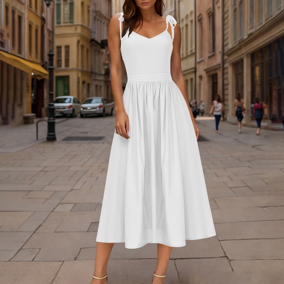 Weiqiqre Summer Dresses for Women Summer Dress Casual Sleeveless Spaghetti Strap Smocked Ruffle Beach Long Maxi Dress with Pockets