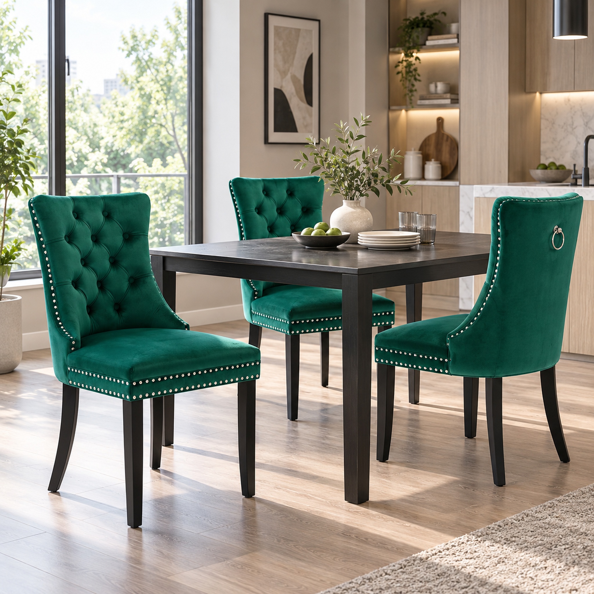 Homy Casa Green Velvet Tufted Dining Chairs Set of 2 with Solid Wood Legs and Nailhead Trim