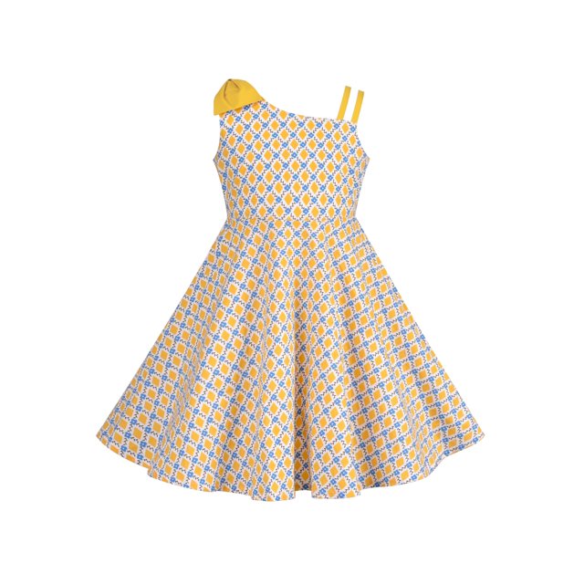 Filles Robe Jaune à Carreaux Noeud Papillon Bande Bretelles Spaghetti Sans Manches 6 Ans
