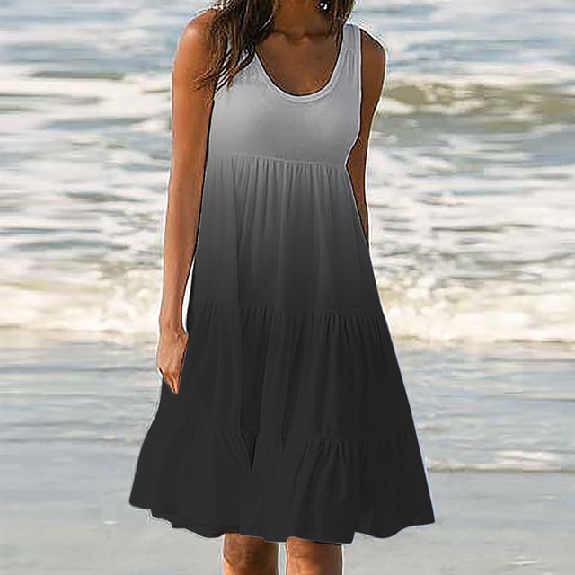 Meichang Robes Dégradées pour Femmes Sans Manches à Col Rond Robes Longueur Genou Coupe Ample à Volants à Étages Robes Décontractées Légères d'Été Mi-Longues