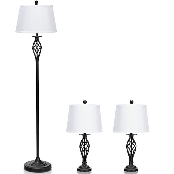 Giantex Lamp Set 3-Piece, Floor Lamp & Table Lamps Set w/Fabric Shade for Home Living Room