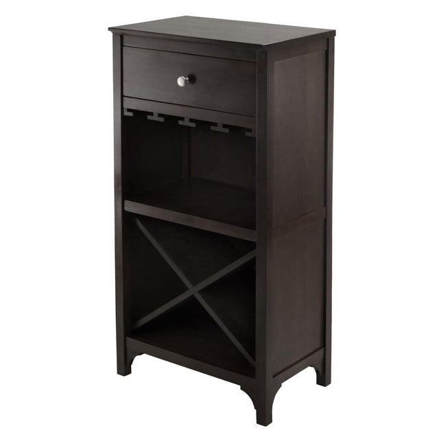 92745- Ancona Modular Wine Cabinet with one drawer, glass rack, and X shelf in dark espresso finish, made of solid and composite wood. Includes a drawer with metal knob, glass hangers, open middle shelf, and bottom X-shaped wine storage. Measures 19.009"W x 12.60"D x 37.52"H. Also suitable for storing bar accessories or glassware.