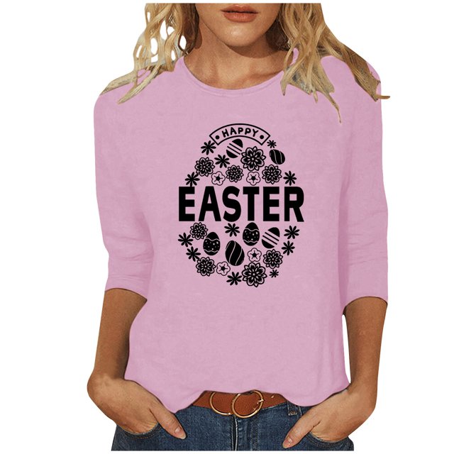 RKSTN Hauts Grande Taille pour Femmes Oeufs de Pâques Lapin Mignon Imprimé Coupe Ample Hauts Col Rond Manches 3/4 Printemps Été Blouse Douce Hauts