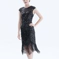 thumbnail image 1 of EGNMCR Robes de Cocktail à Paillettes pour Femmes Été Vintage Col Rond Manches Courtes Patchwork Dentelle à Franges Robes Corset Moulantes Tendance Fête Boîte de Nuit Décontracté Robes Midi, 1 of 3