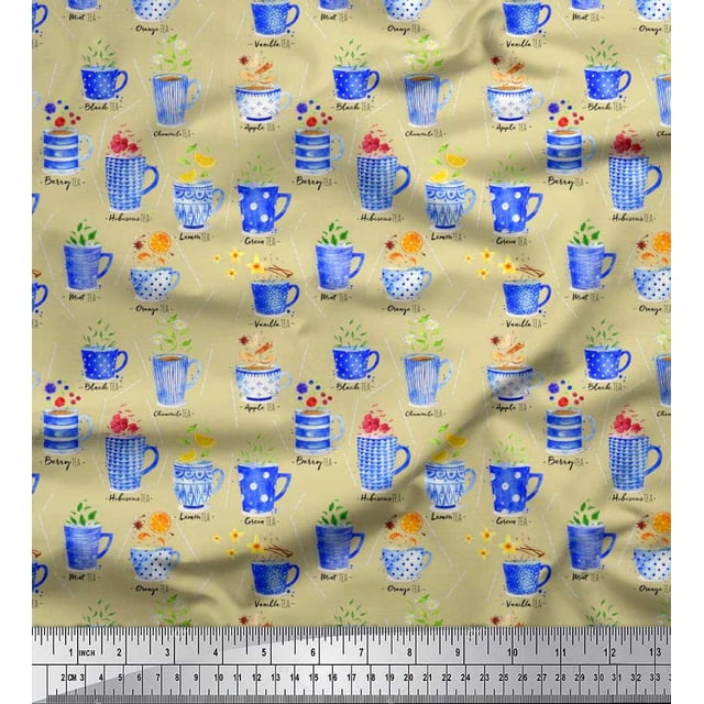 Soimoi Poly Georgette Fabric Spices & Tea Cup Watercolor Print Sewing Fabric Yard 42 Inch Wide