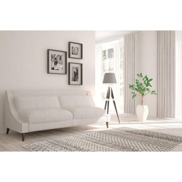 Zunthus Tan and Grey Woven Area Rug featuring abstract slate grey stripes and geometric patterns on an off-white background, placed on light wood flooring in a bright living room with a beige modern sofa, tripod floor lamp, and green potted plant by large windows with beige curtains, ideal for high-traffic areas and easy to clean.