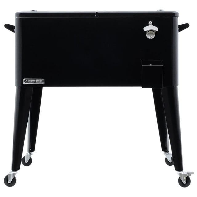 Permasteel Glacière d'Extérieur pour Patio – 80 Qt, Glacière Roulante Noire avec construction en Acier Enduit de Poudre, Bassine Isolée Gardant les Boissons Froides jusqu'à 36 Heures, Couvercles Doubles, Deux Poignées, Quatre Roulettes avec Deux Loquets, Ouvre-Bouteille Intégré et Attrape-Capuchon, sur Quatre Pieds.