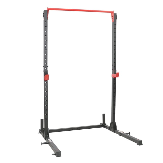 Sunny Health & Fitness Essential Power Rack - SF-XF920063 with a black steel frame and red adjustable J-hooks and pull-up bar, multiple height settings, and weight plate storage pegs, designed for strength training exercises like squats, bench presses, and pull-ups.