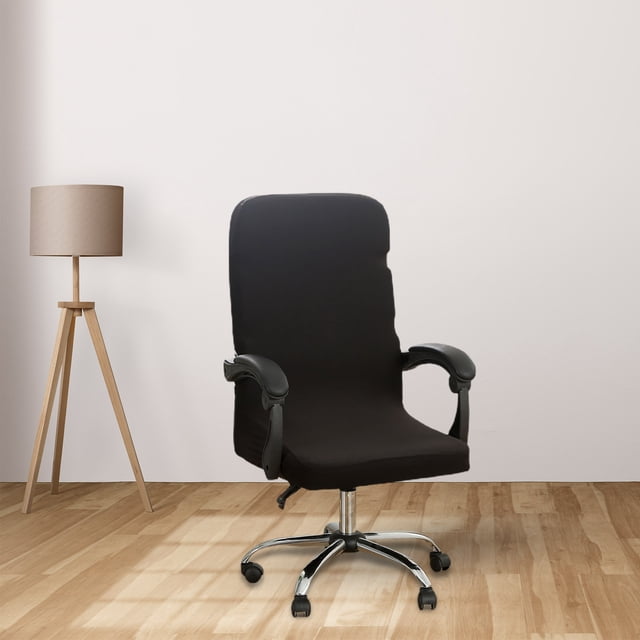 Meitianfacai solid color brushed high elastic chair cover displayed on a black office chair in a minimalist room with a wooden floor and a beige lamp. Made of milk silk fabric (92% polyester, 8% spandex), it provides a snug fit, protection against dirt and spills, and is suitable for dining chairs, office chairs, and other seating options.