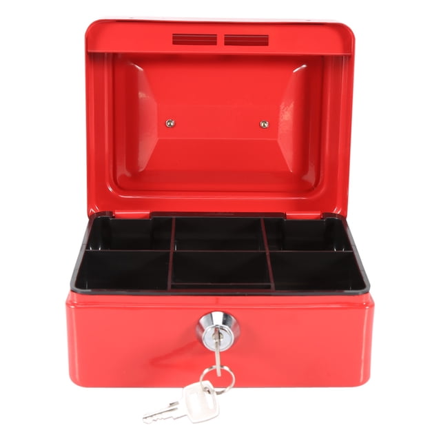 Security Box, Mini Steel Petty Lockable Cash Money Coin Safe Security Box Household in a vibrant red finish. The box features a key lock mechanism with two keys included, and an interior with six compartments for organized storage of cash, jewelry, and small items. Compact and portable design ideal for cash handling in home, office, or travel settings.