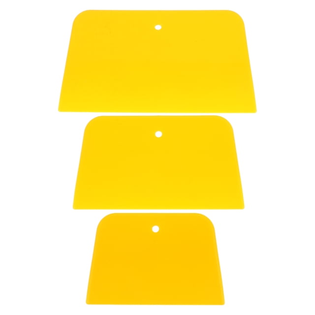 3pcs Automotive Body Fillers Spreaders Auto Body Spreader for Applying Fillers Car Maintenance Tool. The image shows three yellow body filler spreaders in varying sizes, designed for car body maintenance. Each spreader has a soft texture to prevent scratches and a hole for easy handling or storage. The sizes include 15.50x8.50x0.20cm, 13.00x7.50x0.20cm, and 10.00x6.70x0.20cm, making them versatile for various auto body repair needs.