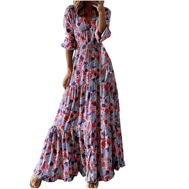 Fshaion Robe d'Été pour Femmes 2024 Grande Taille Col en V Imprimé Manches 3/4 Patchwork Robe Longue Décontractée Liquidation à Moins de 10!