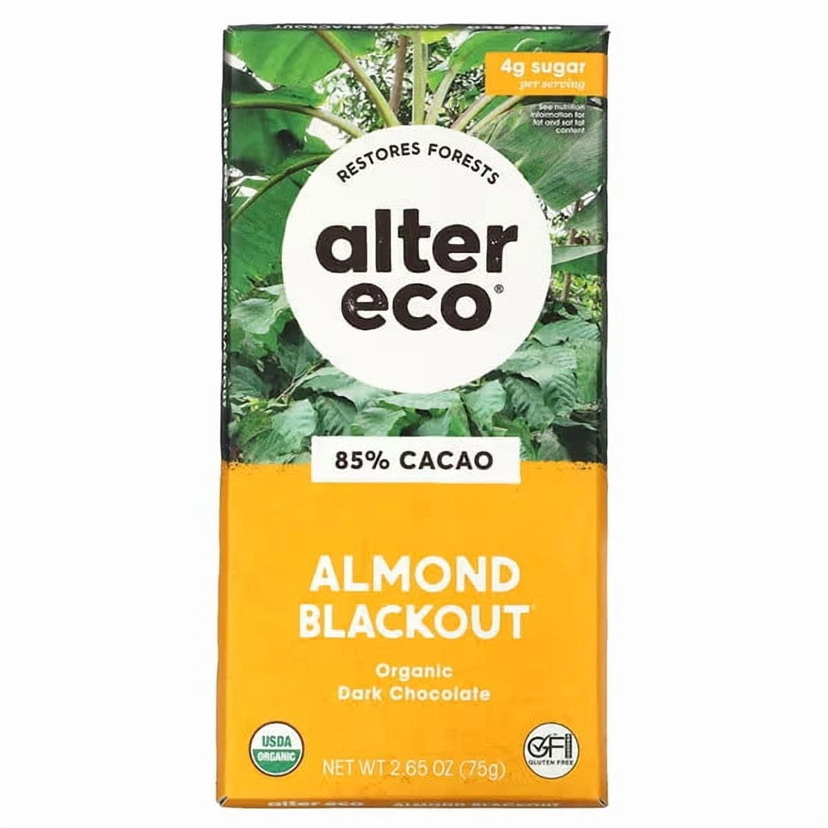 Alter Eco, Organic Dark Chocolate Bar, Almond Blackout, 85% Cacao, 2.65 oz (75 g)