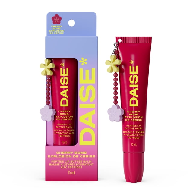 DAISE Peptide Lip Butter Balm in Cherry Bomb, 15 ml, a hydrating tinted lip balm in a bright red tube with yellow lettering and a flower charm, shown beside its purple-to-pink gradient box with bold yellow branding and bilingual product details, designed to nourish and repair dry lips.