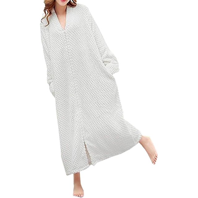 Ladies Zip Fleece Waffle Long Dressing Gown Fluffy Towelling Bathrobe Sleepwear
