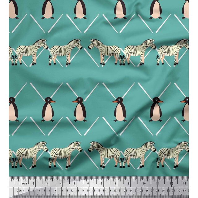 Soimoi Blue Velvet Fabric Penguin & Stripe Animal Print Sewing Fabric BTY 58 Inch Wide