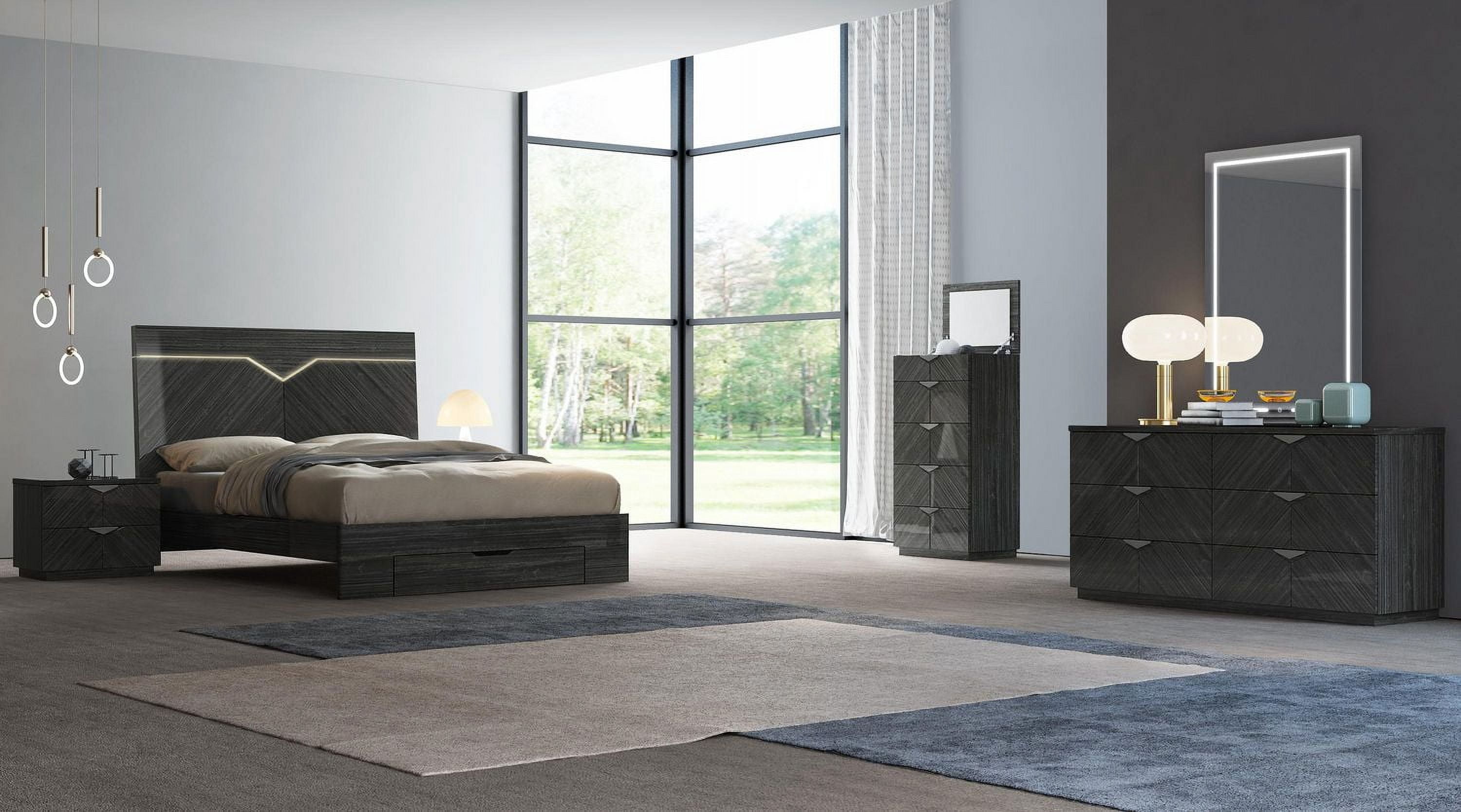 K-Living Stark King Size Bed for Adults, Angley Grey Lacquer Finish with Accent LED Lights