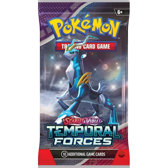 POK SV 5 BOOSTER featuring the Pokemon Scarlet & Violet Temporal Forces booster pack. The pack showcases a futuristic design with a prominent illustration of Iron Leaves ex, a high-tech Pokemon, on the front. Includes 10 additional game cards and is part of the Temporal Forces expansion, which introduces over 160 cards, ACE SPEC cards, and new Ancient and Future Pokemon. Suitable for ages 6 and up.