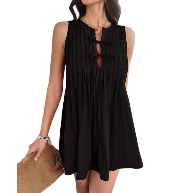 Robe Mini à Nouer devant pour Femme Été Sans Manches Plissée Décontractée Ample Style Babydoll Robes Noir TG