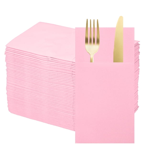 100 Pcs Disposable Linen Feel Napkins with Built-in Flatware Pockets, Paper Dinner Napkins for Knife and Forks Light Pink