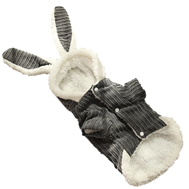 Bangcool Pet Clothes Rabbit Style Warm Hooded Cat Party Clothes Puppy Cosplay Outfit in gray corduroy material. Features a hood with rabbit ears and soft white lining, designed for pets in assorted sizes ranging from XS to XXL. Ideal as a dog costume for New Year, Christmas, costume parties, and daily wear.