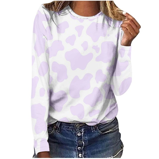 Pompotops Chemises pour Femmes Col Rond Imprimé Manches Longues Hauts Blouse Régulière Imprimée Liquidation