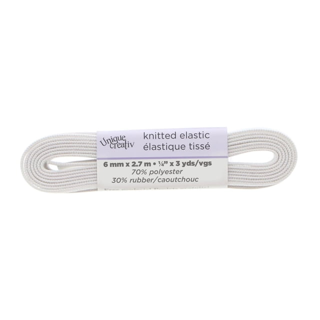 Unique Creativ Knitted White Elastic band, 6 mm wide and 2.7 m long, made of 70% polyester and 30% rubber with vertical ribs to prevent rolling and twisting, ideal for sewing notions and crafting projects, shown coiled with a white label displaying product details.
