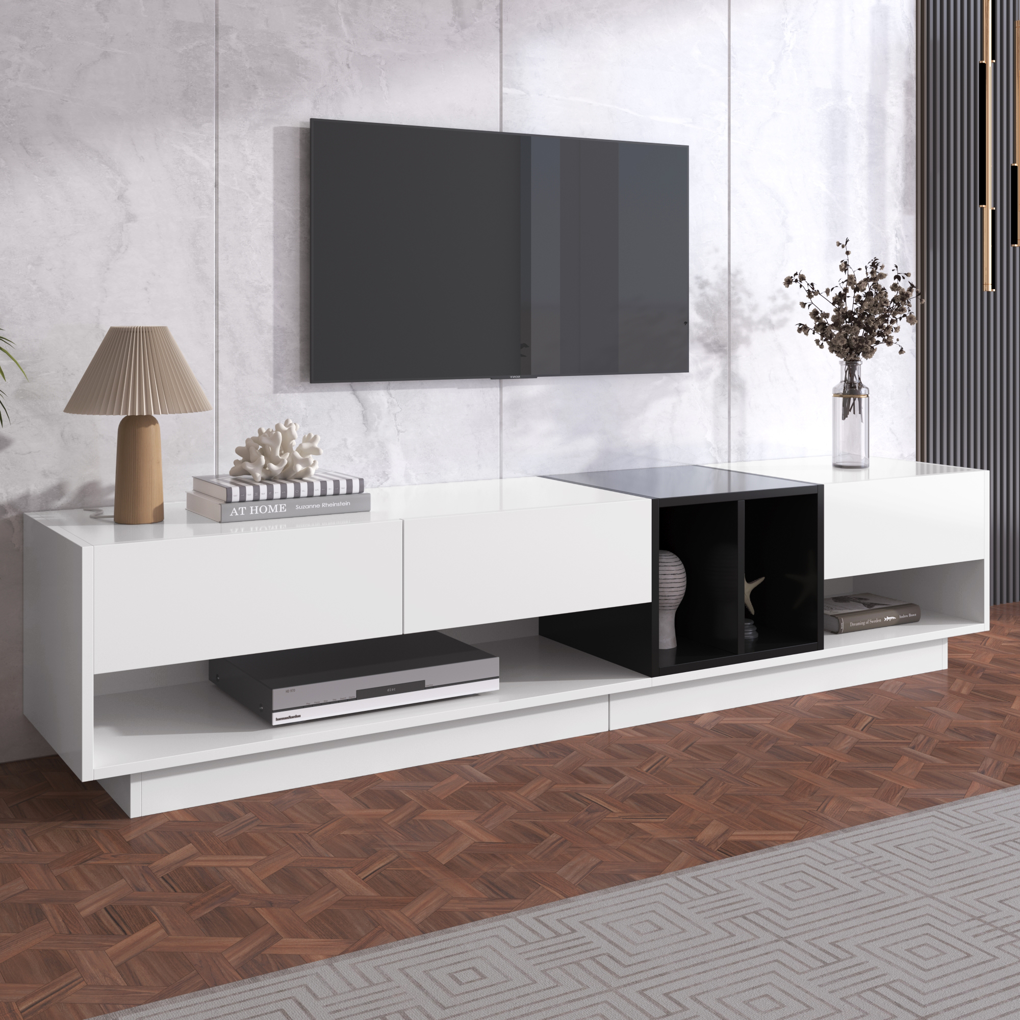 Noble House Meuble TV & Bas, Blanc Brillant & Noir à Blocs de Couleur, Rangement Multiple avec Tiroirs & Compartiments