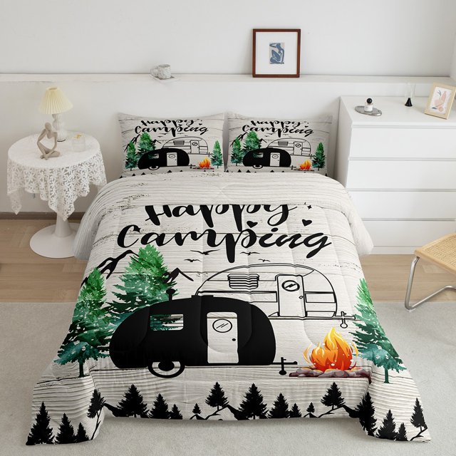 Erosebridal Literie de Camping pour Enfants, Ensemble de Couette Complète, Couette de Véhicule Récréatif, Décoration de Camping Joyeux, Réversible 3 Pcs
