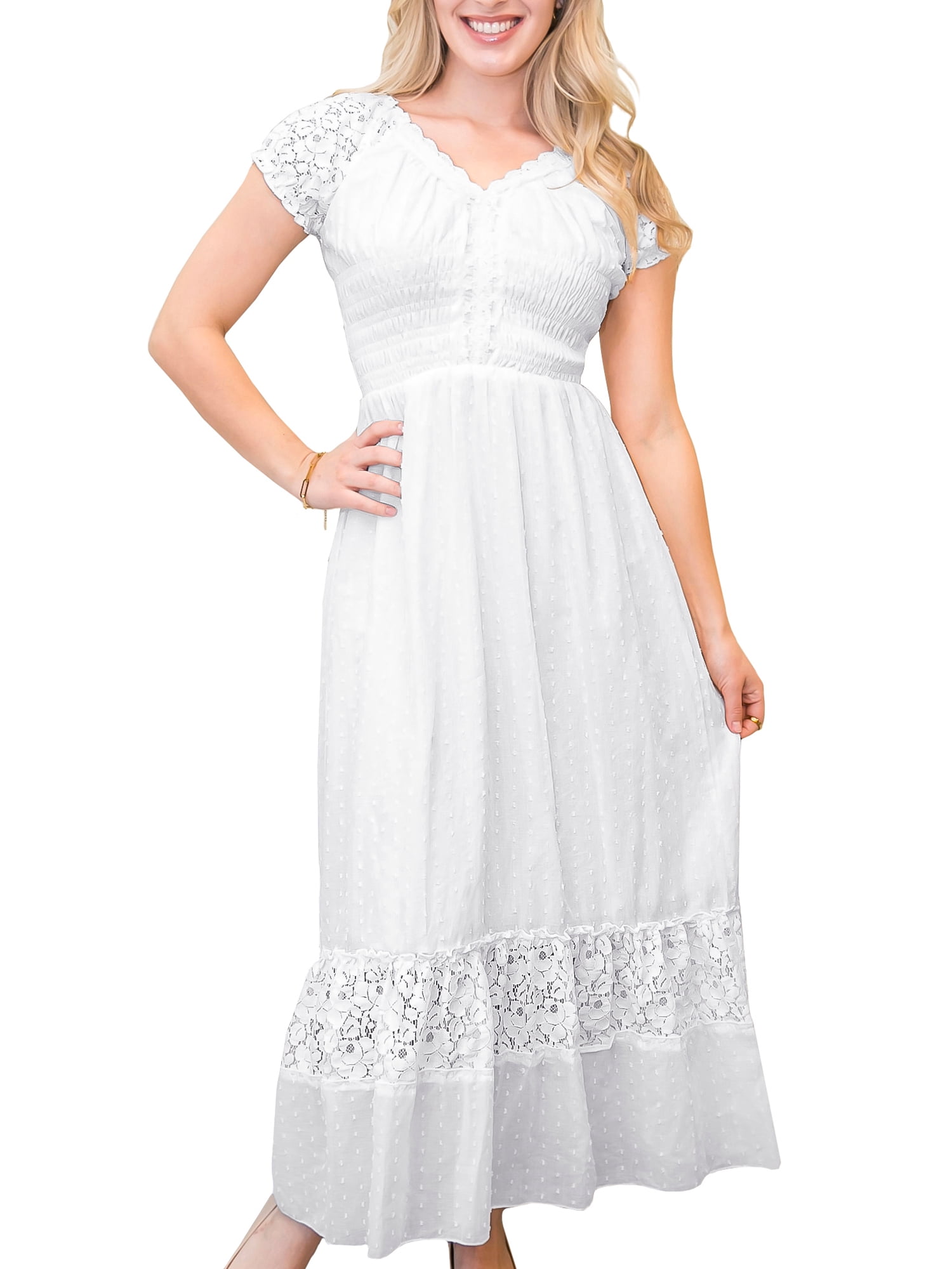 Women Renaissance Peasant Maiden Boho Inspired Cap Sleeve Lace Trim Maxi Dress, White, Large
