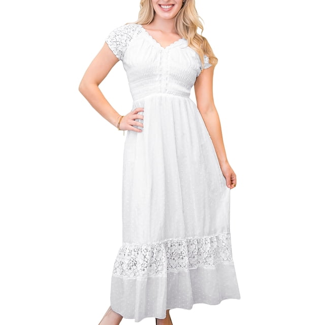 Women Renaissance Peasant Maiden Boho Inspired Cap Sleeve Lace Trim Maxi Dress, White, Medium