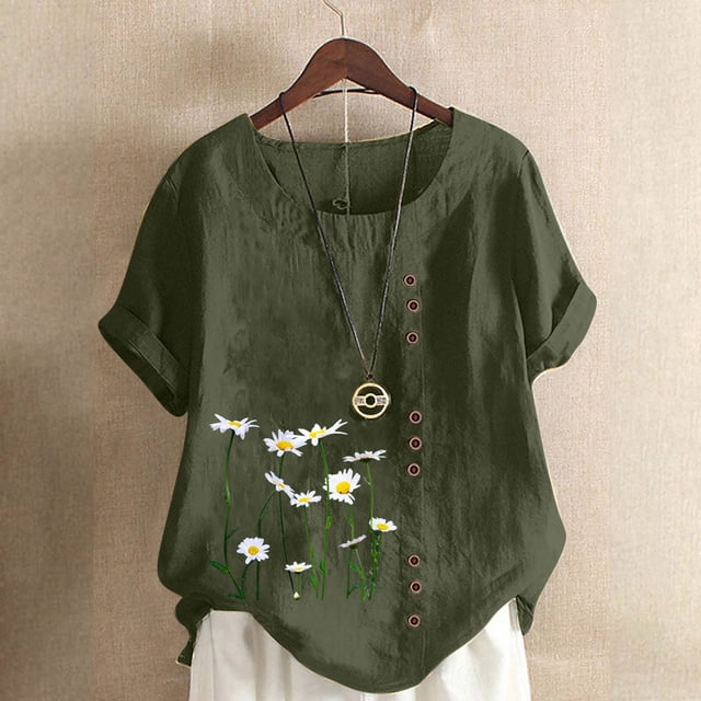 Birdeem T-Shirt Ample Décontracté d'Été pour Femme à Col Rond, Manches Courtes, à Imprimé Floral