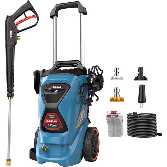 SENIX HPWE13-M2 2000 PSI à 1,2 GPM Laveuse Électrique Filaire à Eau Froide sous Pression 13 A, 4 Buses à Raccordement Rapide, Réservoir de Détergent