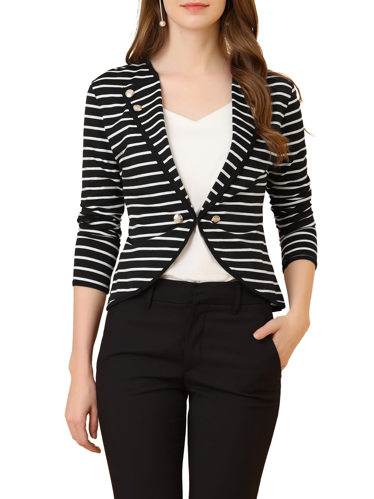 INSPIRE CHIC Blazer Mince à Rayures pour Femme à Revers Cranté Décoré de Boutons TG Noir